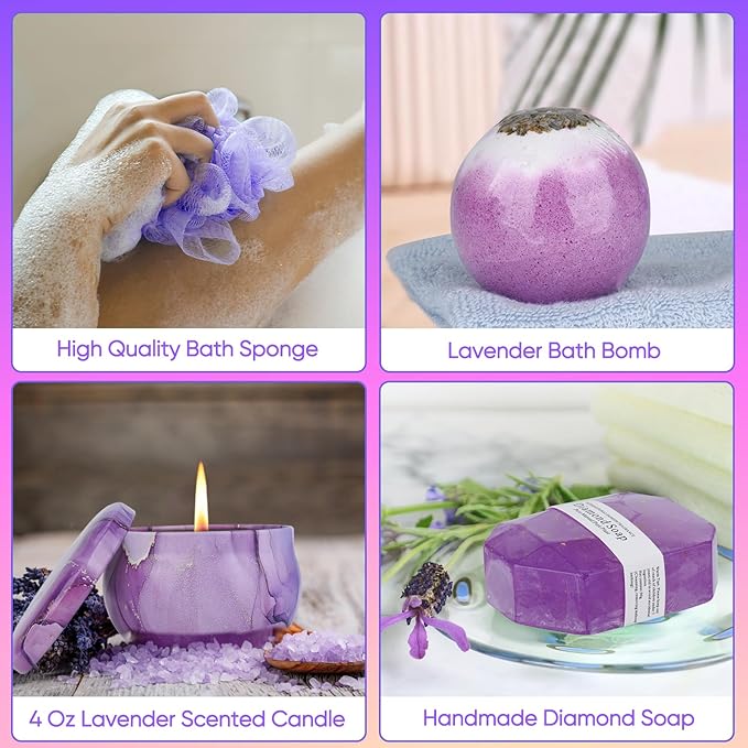 Spa Gift Basket for Women, Lavender Scented, Luxury Self Care Set, Birthday, Mother's Day
