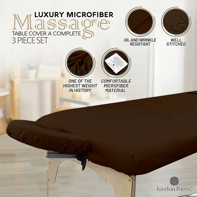 LONDON LINENS Soft Microfiber 3-Piece Massage Table Sheets - Super Lightweight, Stain and Wrinkle Resistant - Includes Table Cover, Fitted Sheet, and Face Rest Cover (Mocha)