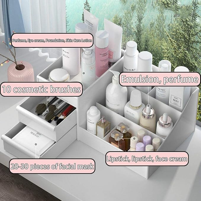 skin care organizer,Makeup Desk Organizer With Drawers,Countertop Organizer for Cosmetics,Vanity brush with Holder for Lipstick, Brushes, Eyeshadow, and Jewelry Desktop Finishing Dresser (White)