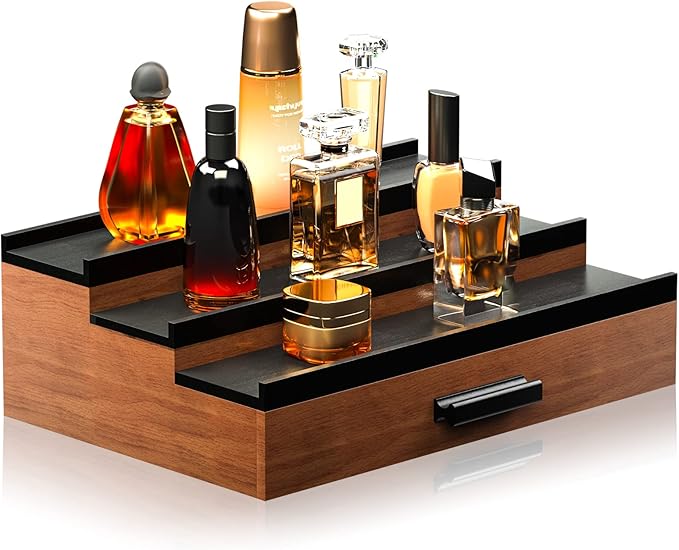Sephyroth Cologne Organizer for Men 3 Tier of Elevated Cologne Display Shelf with Drawer Storage Perfume Organization and Storage Display Risers,Great Gift for Man(Walnut Black)
