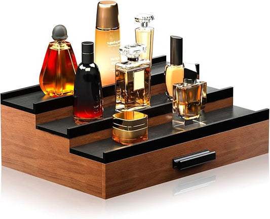 Sephyroth Cologne Organizer for Men 3 Tier of Elevated Cologne Display Shelf with Drawer Storage Perfume Organization and Storage Display Risers,Great Gift for Man(Walnut Black)