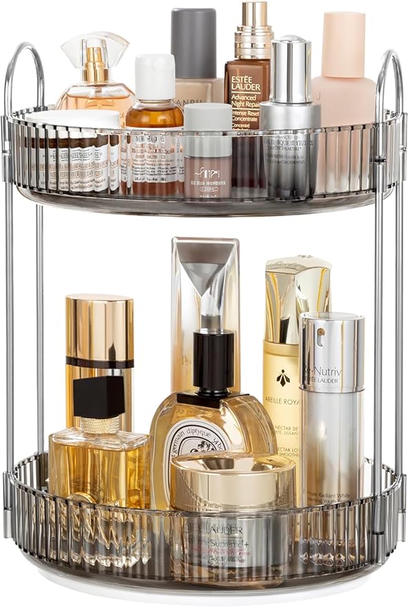 360 Rotating Makeup Organizer Countertop 2 Tier Bathroom Organizer Spinning Perfume Organizers Skincare Organizers Makeup Carousel with Silver Handle Cosmetic Brush Storage, Clear Gray