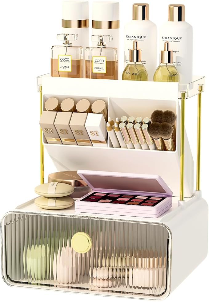 Makeup Organizer with Storage Drawer,Cosmetic Display with Lipsticks Brush Holder Perfume Tray,Organize Cosmetics and Beauty Supplies for Vanity,Dresser,Bathroom,Desktop Organizer,Clear
