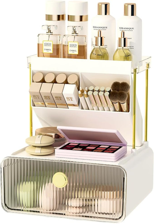 Makeup Organizer with Storage Drawer,Cosmetic Display with Lipsticks Brush Holder Perfume Tray,Organize Cosmetics and Beauty Supplies for Vanity,Dresser,Bathroom,Desktop Organizer,Clear