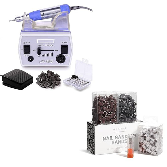 Makartt Nail Drill Electric Nail File Machine JD700 Professional 30000RPM Manicure Drill Bundle With 300Pcs Nail File Sanding Bands #80#150#240 Grits Nail Drill Bits Sanding Bands for Nail Drill