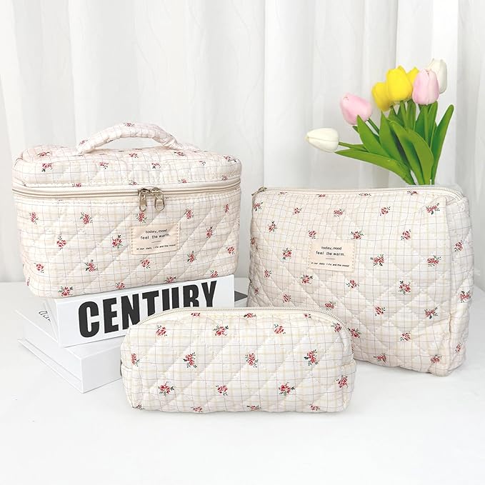 3Pcs Cotton Quilted Makeup Bag for Women Girls, Large Floral Cosmetic Bag Set Cute Makeup Brushes Aesthetic Accessories Storage Bag Flower Travel Toiletry Bag Organizer