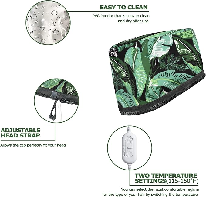 VICARKO Hair Steamer Thermal Heat Cap Deep Conditioning Natural Black Hair Scalp Treatment Spa Hot Head Care Electric for Home Use Leaf Print