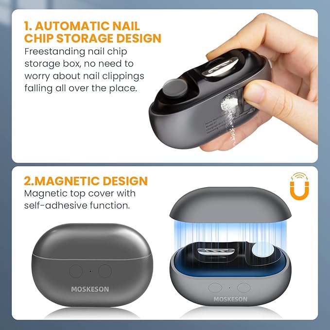 Electric Nail Clipper: 3-in-1 Automatic Fingernail Trimmer, Polisher & Clip Storage with LED Light, USB Rechargeable & 2 Speed Gears Automatic Safety Nails Cutter for Baby Kids Adult Seniors (Grey)