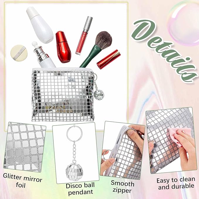 12 Pack Disco Cosmetic Bags Portable Silver Glitter Sequin Mirror Makeup Organizer with Zipper, Suit for Bachelorette, New Years Eve, 70s, 80s, 90s Disco Party Favors