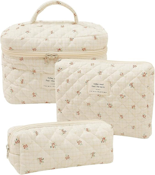 Quilted Floral Makeup Bag 3PCS, Cute Cotton Coquette Aesthetic Travel Toiletry Bag, Zipper Cosmetic Pouch, Daily Travel Use Skincare Bag, Large Capacity (Coral Blossom)