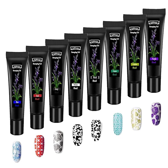 Nail Template Kit - 5pcs Nail Stamping Plates with Stamper & Scraper - 8 Colors Gel Polish Set