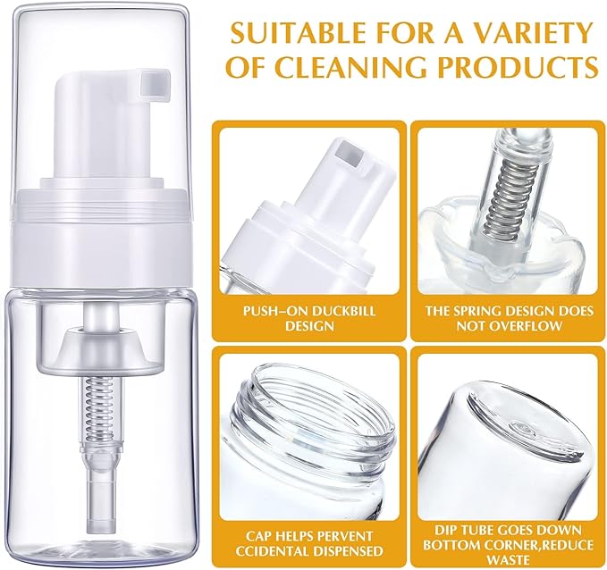 50 Pack Foam Pump 1oz/30ml Refillable Dispenser Travel Size Plastic Mini Bottle for Lash Shampoo, Cleaning, Cosmetics - Portable Clear Foaming Packaging