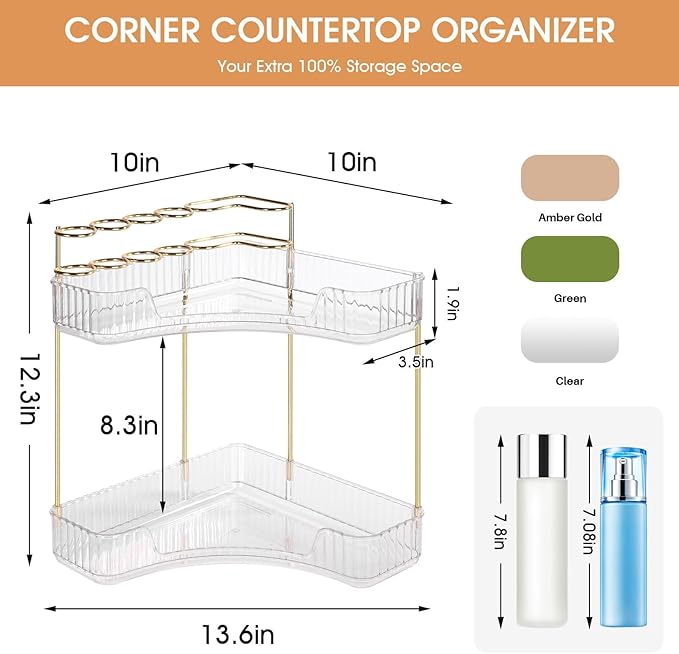 Corner Bathroom Counter Organizer – Classic Storage Shelf for Makeup, Perfume & Toiletries, Space-Saving Countertop Tray Fits Bathroom, Dresser, Kitchen (Clear, 2-Tier)