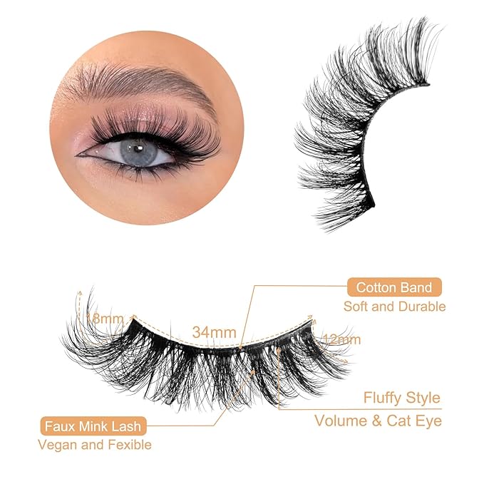 Mink Lashes Fluffy NINGLASH Wispy Lashes False Eyelashes Natural Look Fake Eyelash 15mm Faux 3D Mink Lashes Strips 7 Pairs Fluffy Lash Pack
