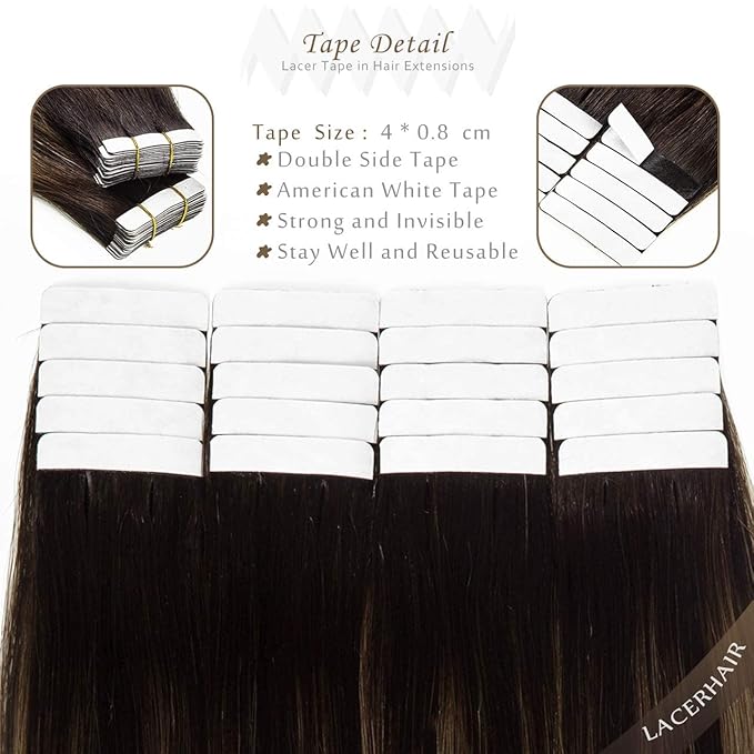 LacerHair Tape in Hair Extensions Human Hair Double Side Tape Seamless Skin Weft Darkest Brown to Chestnut Brown B#2/6 Real Remy Human Hair Reusable Tape in Extensions 20Pcs 50g per set 16 Inch