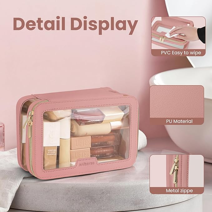 Clear Makeup Bag, Travel Clear Cosmetic Bag and Makeup Brush Bag, Transparent Portable Makeup Case, Waterproof Toiletry Bag with Zipper for Women, Pink