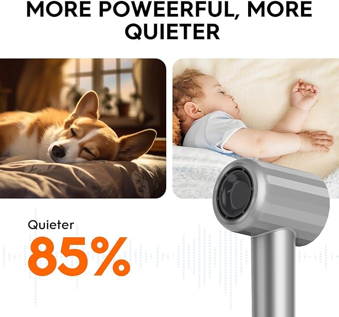 Ionic Hair Dryer, Professional High Speed Blow Dryer with Brushless Motor for Fast Drying, Low Noise, Lightweight, Thermo-Control Bowdryer for Women Home (Grey)