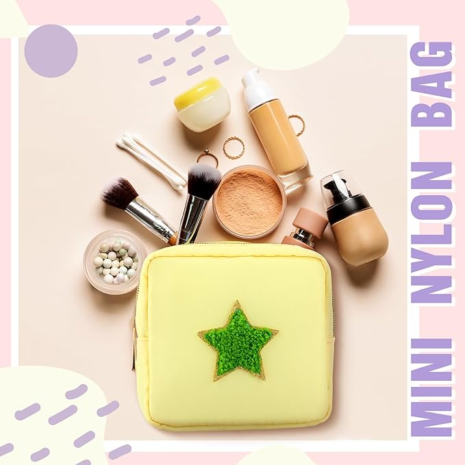 Sumind 12 Pcs Preppy Patch Cute Makeup Bag Travel Cosmetic Toiletry Chenille Skincare Bag Portable Nylon Organizer Storage Purse Small Zipper Makeup Pouch Daily Use Storage Purse for Women Girls Gift