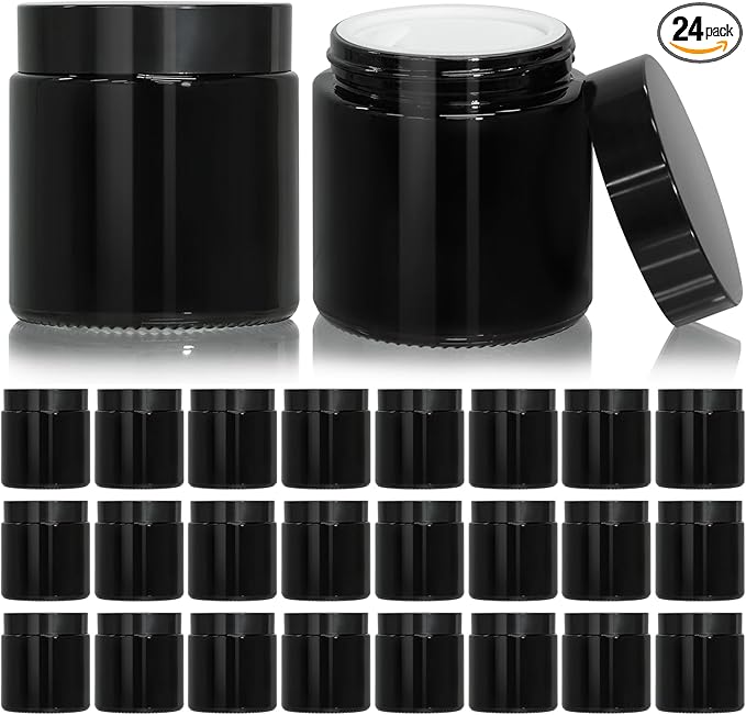 KEYWING 4oz Black Small Glass Jars with Lids, 24 Pack Lotion Containers Round Glass Jar with Inner Liners for Cream, Powders and Ointments