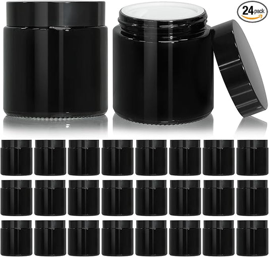 KEYWING 4oz Black Small Glass Jars with Lids, 24 Pack Lotion Containers Round Glass Jar with Inner Liners for Cream, Powders and Ointments