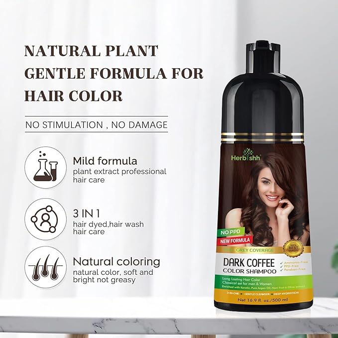 Herbishh Dark COffee 3 in 1 Hair Dye Shampoo (Pack of 2)16.9 FL Oz Each and Pro Keratin Argan Oil Hair Mask 5.07 Fl Oz Combo for Dry Damaged Hair 150 ML - Long Lasting Grey Hair Color for Men & Women