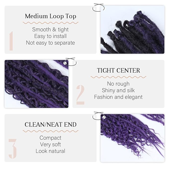 24 Inch 30 Strands SE Dreadlock Extensions Sets，3 In 1 Mixed Synthetic Dreads Extensions, Ombre Purple Straight&Curly&Boho Handmade Dreads Hippie Style Dreadlocks for Woman
