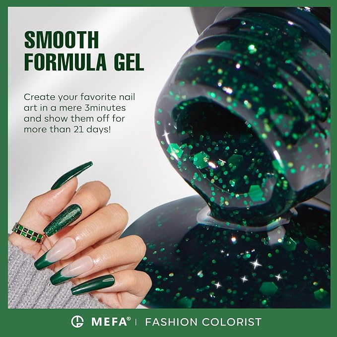 MEFA Green Gel Nail Polish, 6 Colors Green Glitter Nail Polish Gel Dark Avocado Sage Evergreen Sparkle nail Polish Set Soak Off Nail Art DIY Salon Manicure Nail Art Gifts for Women