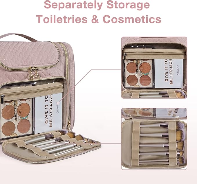 BAGSMART Travel Toiletry Bag for Women, Hanging Toiletry Bag Large Capacity Cosmetic Makeup Bag, Essentials Travel Organizer for Full Sized Toiletries and Cosmetics, Pink