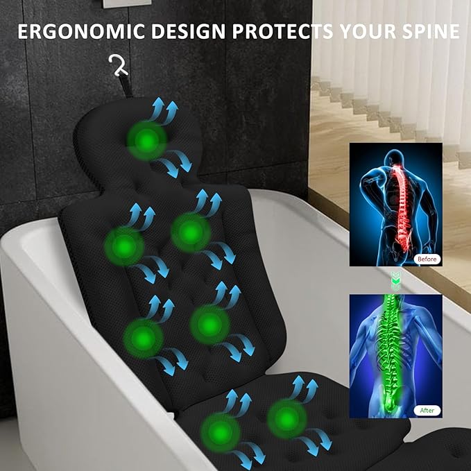 Luxury Full Body Bath Pillow for Bathtub, Bath Pillows for Tub with Mesh Laundry Bag & Non-Slip Suction Cups, Cushion for Bathtub Headrest Neck Back Support - 5D Air Mesh & Quick Drying | Black