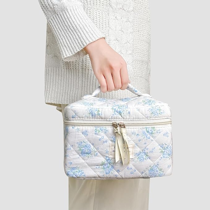 3Pcs Cotton Quilted Makeup Bag for Women Girls, Large Floral Cosmetic Bag Set Cute Makeup Brushes Aesthetic Accessories Storage Bag Blue Rose Flower Travel Toiletry Bag Organizer