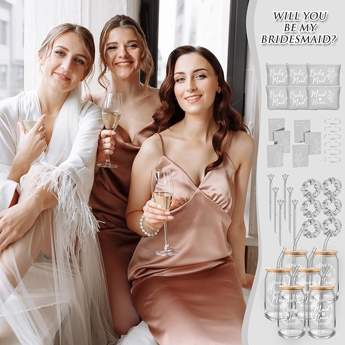 Irenare 36 Pcs Bridesmaid Proposal Gifts Bridal Shower Gifts 16 oz Glass Cup Cosmetic Makeup Bags Invited Cards Scrunchies Hair Knotted Bracelets Diamond Pens Favors for Wedding (Gray)