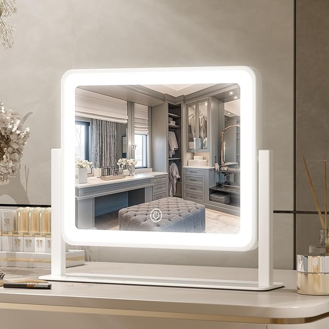 PRIMETEK LED Vanity Mirror with Gift Box, 14"x12" LED Lighted Makeup Mirror, Makeup Mirror with Lights, 3-Color Lighting, 5X Magnification, for Desk Tabletop, Bedroom, Gifts for her