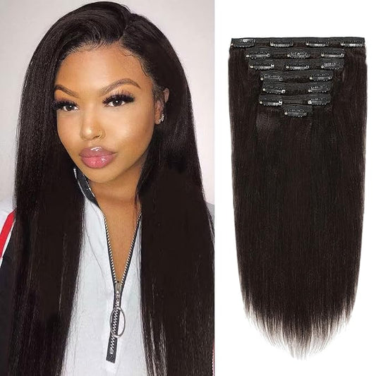 Loxxy Yaki Clip in Hair Extensions Real Human Hair for Black Women 22 inch Real Remy Thick Style Double Weft for African American,YK 7pcs/set 120g/set