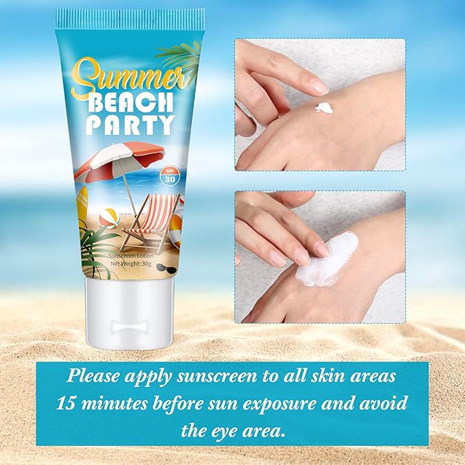 24 Pcs Mini Sunscreen Bulk for Summer Wedding Party Spf 30 Water Resistant Sunscreen Lotion Bulk 1oz Travel Size for Thank You Gifts Wedding Party Supplies(White Cream,Beach)