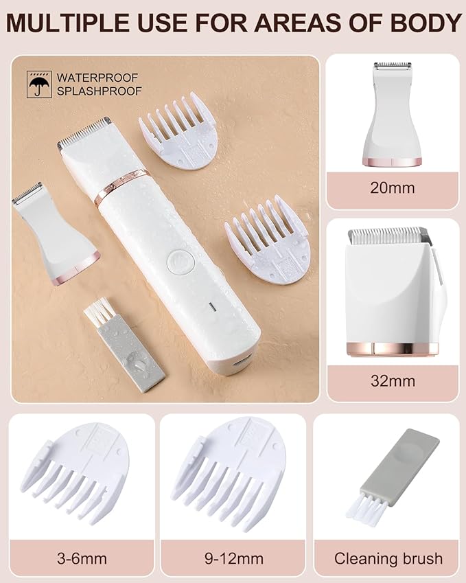 Bikini Trimmer for Women - 2 in 1 Electric Ceramic Blades Pubic Hair Trimmer,for Underarm Leg Arm Body face,USB IPX7 Waterproof Wet/Dry Shaver Groomer with 2 Trimmer Heads,White