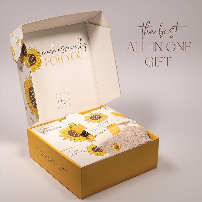 The Love Crate Co Sunflower Gifts for Women, 15pc Gift Box for Birthdays, Get Well Soon Basket, Thinking of You Care Package, Sunshine and Wellness Presents for Women.