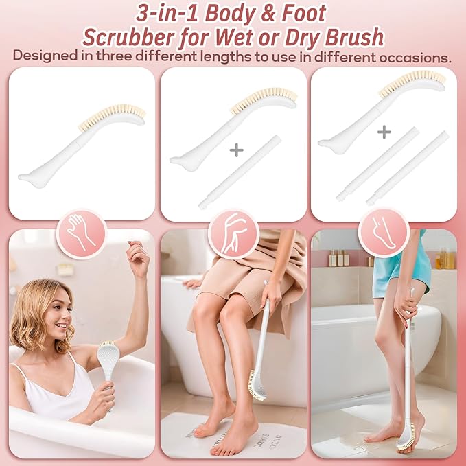 New Foot Brush for Shower, 3-in-1 Foot Scrubber for Wet or Dry Brushing, Adjustable 10.2’’- 27.5’’Foot Scrub Brush for Seniors, Pregnant, Disabled, or Injured, Gift-Box Packaged(Pink)