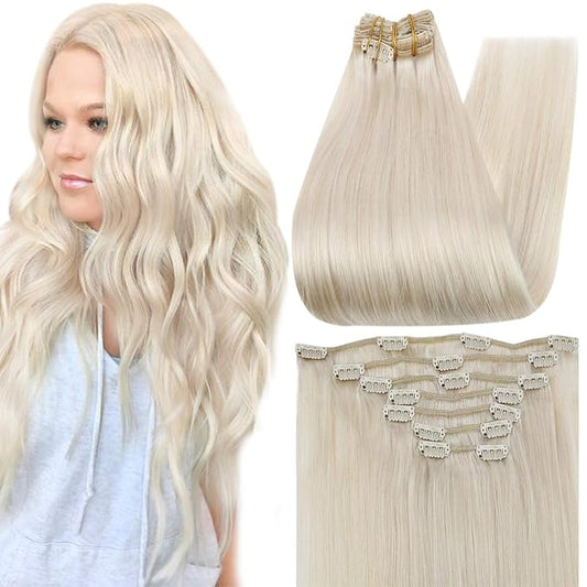 Full Shine Blonde Hair Extensions Clip ins Blonde Clip in Extensions Real Human Hair Triple Weft Seamless Hair Extensions Human Hair for Women 16 Inch 7 Pcs 120 G