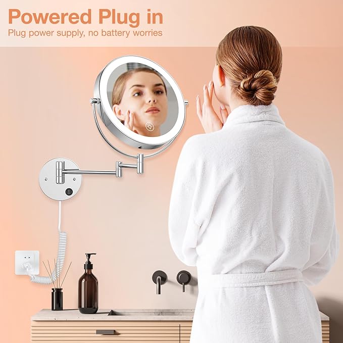 Benbilry 9" Large Wall Mounted Lighted Makeup Mirror, 1X/10X Magnifying Double-Sided AC Powered Bathroom Mirror with 3 Color Lights, Touch Dimmable, Extended Arm 360 Rotation