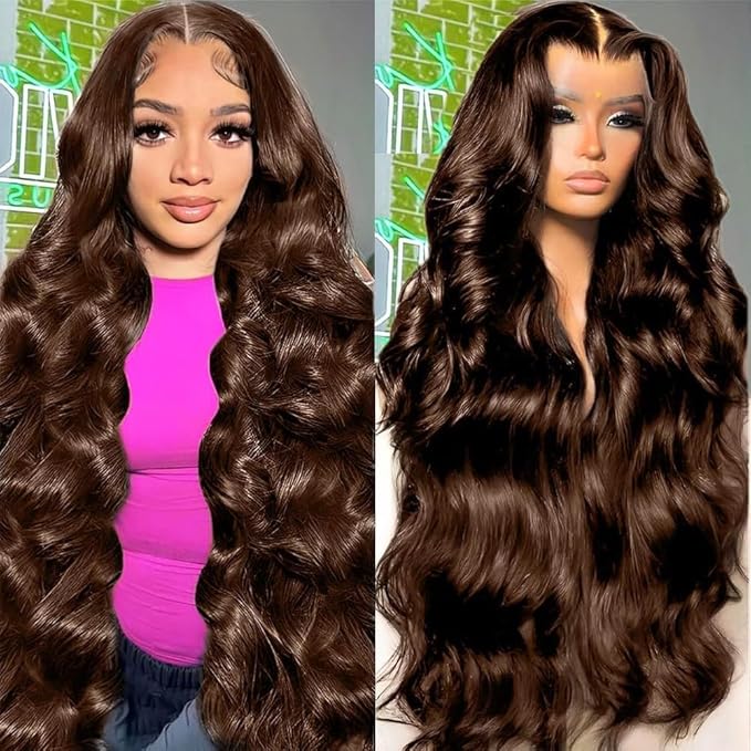 28 Inch Chocolate Brown Lace Front Wig Human Hair 13x6 Body Wave 180 Density HD Pre Plucked with Baby Hair Colored Frontal Wigs for Women