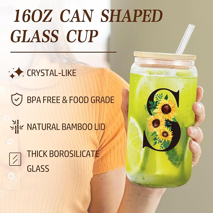 Personalized Sunflower Birthday Gifts for Women - Monogrammed Canvas Tote Bag, Makeup Bag & Glass Cup Set