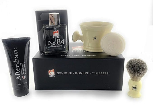 G.B.S Men's Shaving Set - No.84 Cologne, Ivory Handle Badger Bristle Shaving Brush, Ivory Shave Mug with Aftershave Natural Shaving Soap