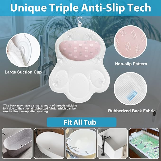 Luxury Bath Pillows for Tub – Extra Thick Non-Slip Bathtub Pillow with Rubber Back, Head & Neck Support for Soaking, Spa Bath Accessories, for Women, Fits All Bathtubs (White)