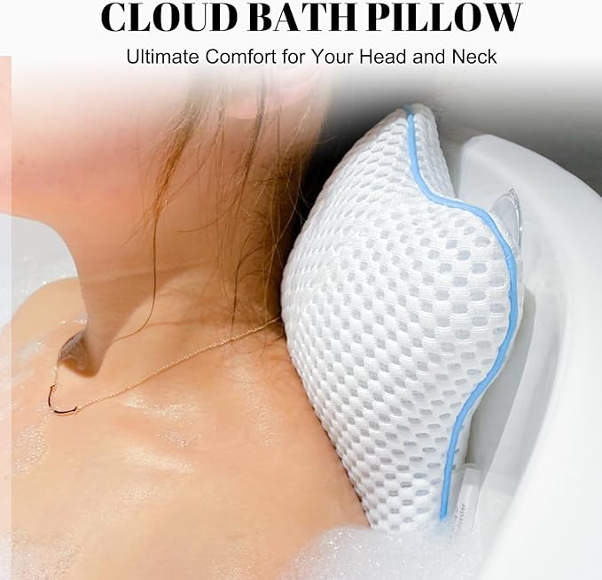 Non Slip Bath Pillow, Luxury Spa Bathtub Head & Neck Rest Support, Permeable Quick Drying Air Mesh Tub Pillow with 4 Large Suction Cups, Fits Any Tubs, Soft and Relaxing