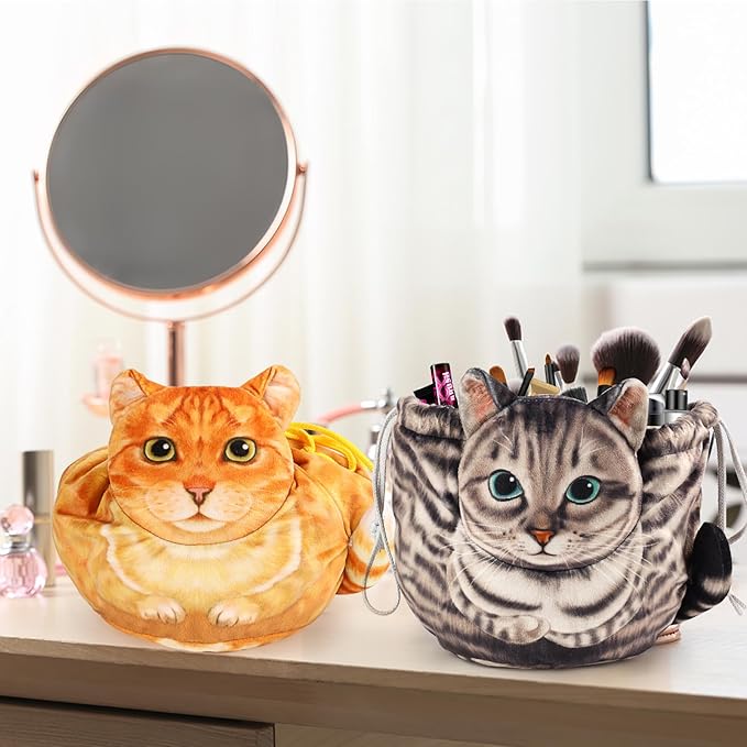 Openhaha Drawstring Travel Organizer, Cosmetic Pouch - Cat Gift for Women, Lay Flat Makeup Bag Gifts for Cat Lovers (2-Pack)