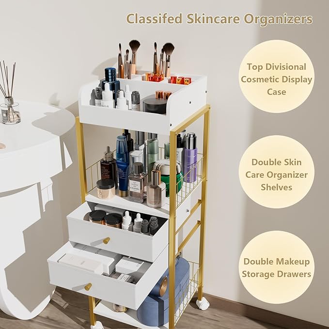 Makeup Organizer Cart Shelf Floor Skincare Organizers Make Up and Station Storage Cabinet For Vanity Standing Cosmetics With Drawers and Wheels For Nail Polish Perfume Hair Tool Holder Beauty(Gold)