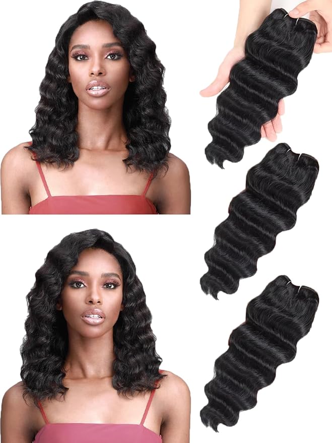 12A Deep Wave Bundles Brazilian Loose Deep Wave Human Hair Bundles 16 16 16 Inch 100% Unprocessed Virgin Remy Hair Bundles Raw Black Wavy 3 Bundles for Women
