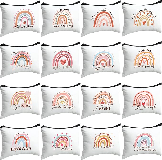 Pinkunn 16 Pcs Canvas Cosmetic Bag Bulk Inspirational Quotes Makeup Bags with Zipper Encouragement Travel Toiletry Pouch Appreciation Gift for Christmas Teacher Birthday Graduation (Rainbow)