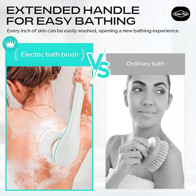 Color You Electric Body Brush for Exfoliating and Massage, Long Handle Electric Bath Brush Rechargeable Body Scrubber, Soft Silicone Spinning Skin Brush with 4 Spin Brush Heads for Man and Women