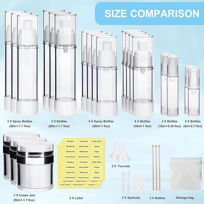 34 Pack Airless Pump Jars Set, 1.7/1/0.7/0.34oz Refillable Travel Size Containers, Leak-Proof Toiletry Bottles for Skincare and Creams, Lotion, Eye Cream, Liquid, Foundation, Shampoo